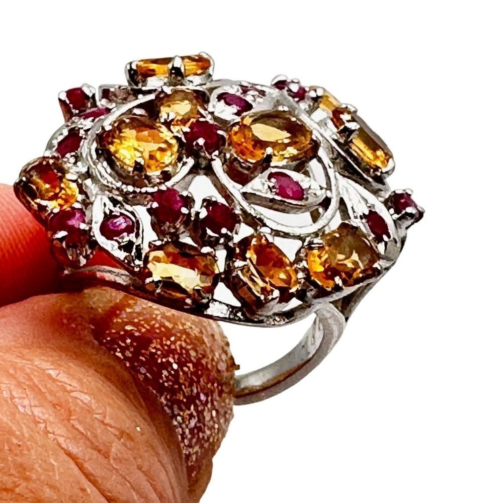 Yellow Citrine and Ruby Domed Sterling Silver Ring Size 7